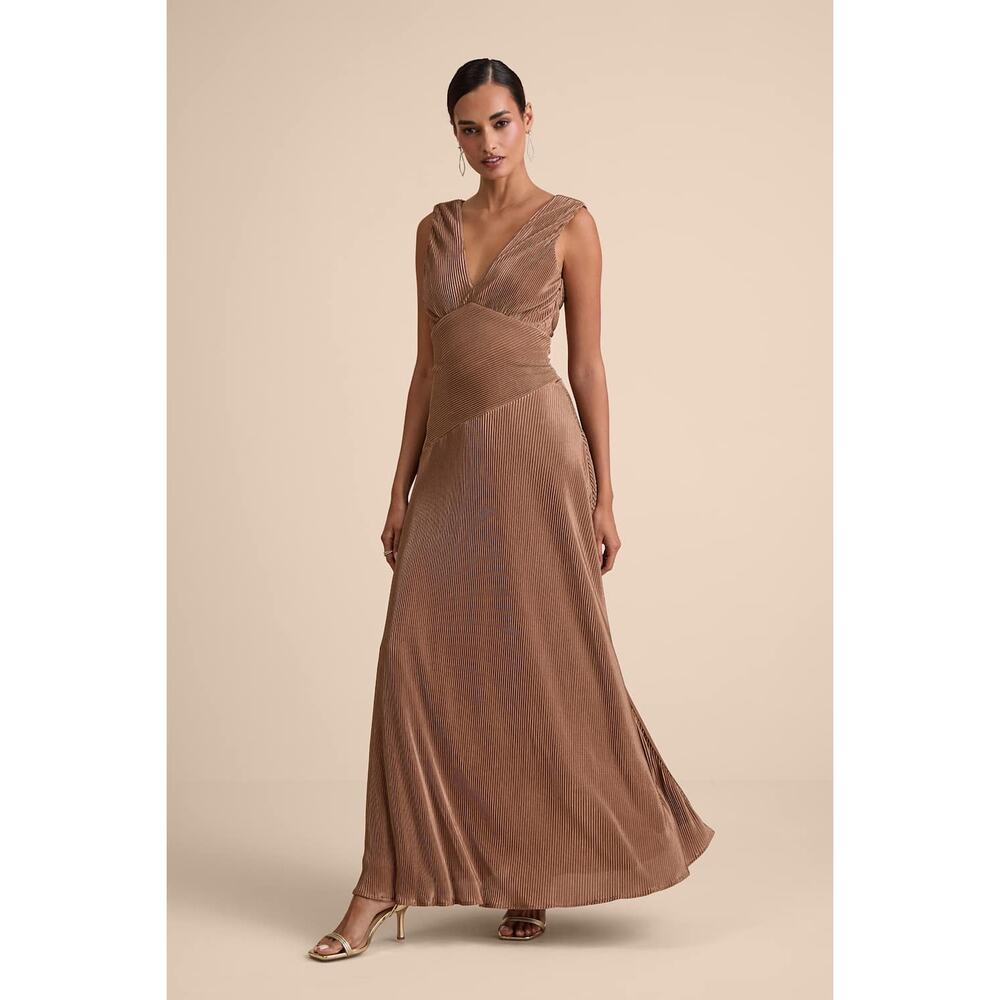 NWT Lulus Renee Light Brown Satin Plisse V-Neck Maxi Dress Gala Banquet Size S